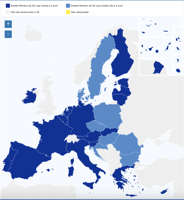 Mapa dos países que usam o Euro. O Banco Central Europeu é o Banco Central dos 19 países que utilizam o Euro