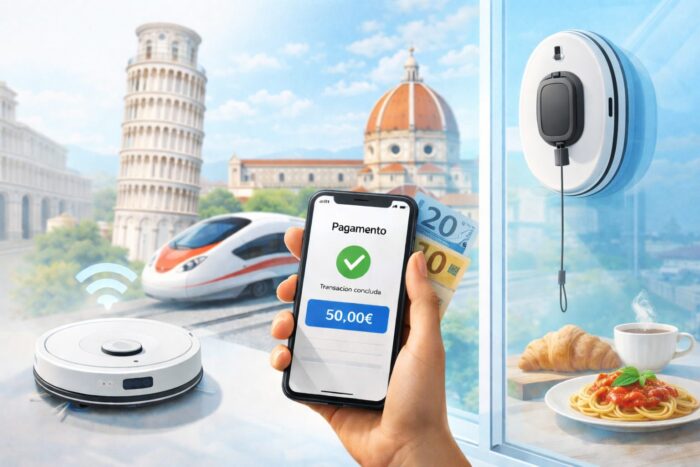 Dicas para tornar a sua vida na Itália mais fácil - Na imagem: Ilustração horizontal moderna mostrando um robô aspirador branco no chão, um robô limpa-vidros oval preso à janela e um smartphone exibindo confirmação de pagamento digital, com paisagem italiana ao fundo.