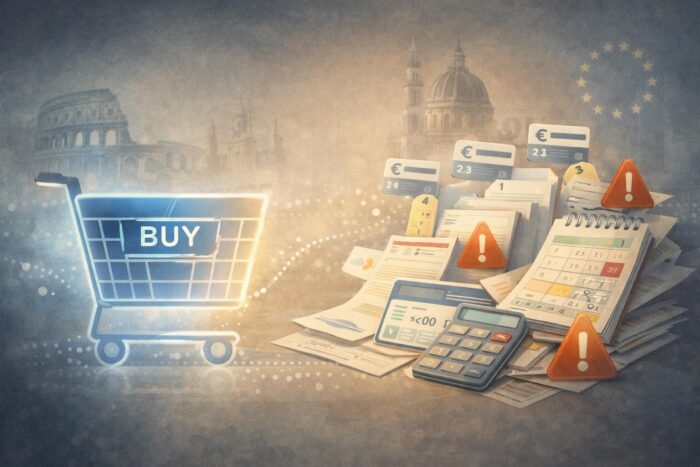 Ilustração conceitual sobre Buy Now Pay Later com carrinho de compras online iluminado que se transforma em documentos financeiros, calendário de vencimentos, calculadora e símbolos de alerta, com referências visuais discretas à Itália e à União Europeia