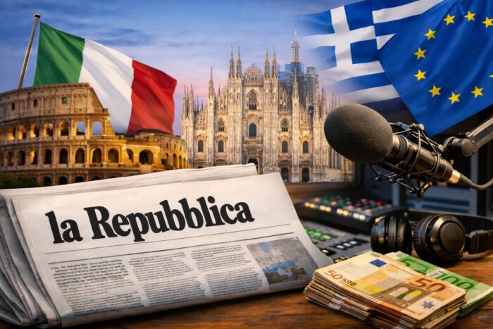 Jornal La Repubblica sobre mesa com microfone de rádio, notas de euro e, ao fundo, o Duomo de Milão com bandeiras da Itália, Grécia e União Europeia, ilustrando a venda do grupo Gedi ao grupo grego Antenna