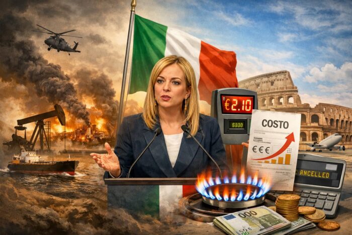 Guerra no Oriente Médio: Qual a Posição da Itália e o Impacto no Seu Bolso - Ilustração horizontal com Giorgia Meloni ao microfone diante da bandeira da Itália, com ícones de alta de energia e custos: chama de fogão, painel de combustível com preço em euros, recibo com gráfico de subida e avião cancelado ao fundo.