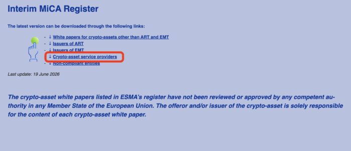 registro oficial da ESMA, autoridade europeia dos mercados financeiros