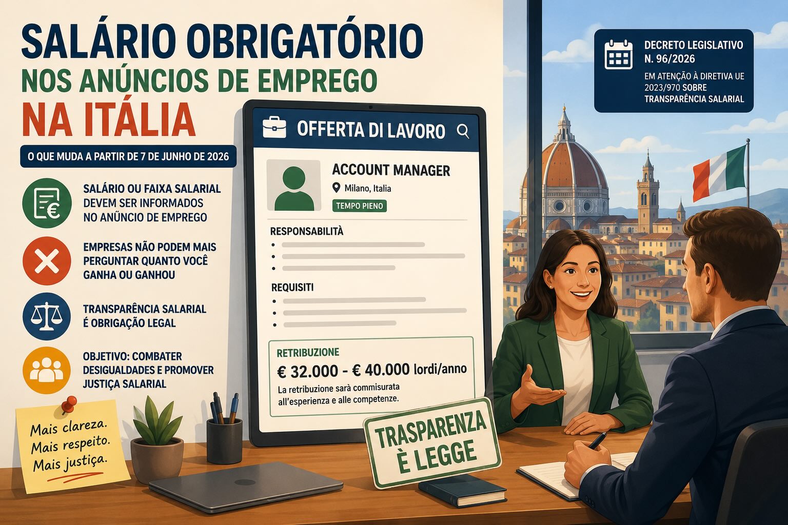 Salário obrigatório nos anúncios de emprego na Itália: o que muda a partir de junho de 2026